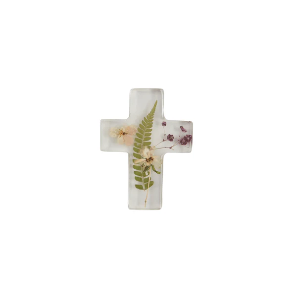 MUDPIE DRIED FLOWER AND FERN RESIN CROSS | CLEAR