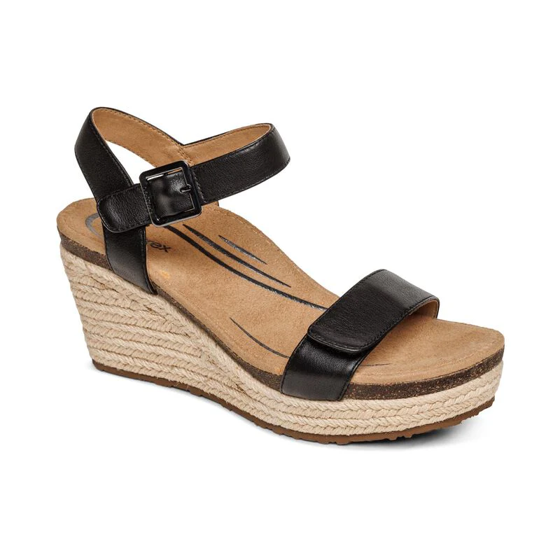 WOMEN'S AETREX SYDNEY QUARTER STRAP ESPADRILLE WEDGE | BLACK LEATHER - Image 4