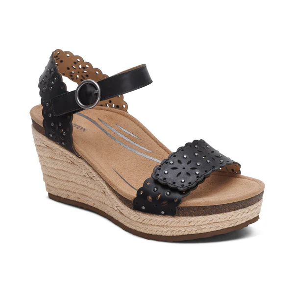 WOMEN'S AETREX SYDNEY QUARTER STRAP ESPADRILLE WEDGE | BLACK CUTOUT - Image 4