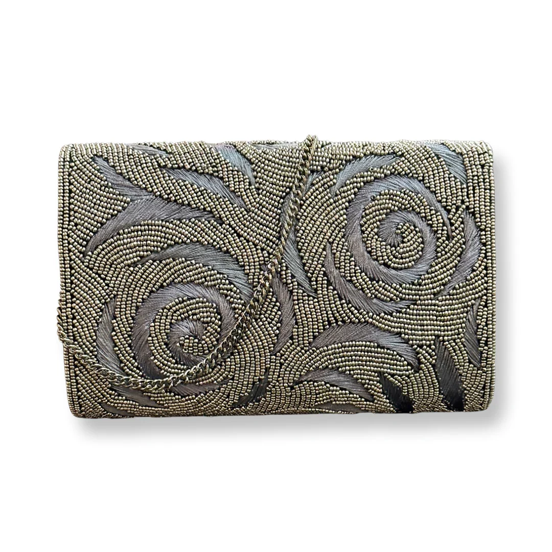 WOMEN'S DAVID JEFFERY HANDBAG | PEWTER BEADS & PEWTER EMBROIDERY WITH CHAIN STRAP - Image 3